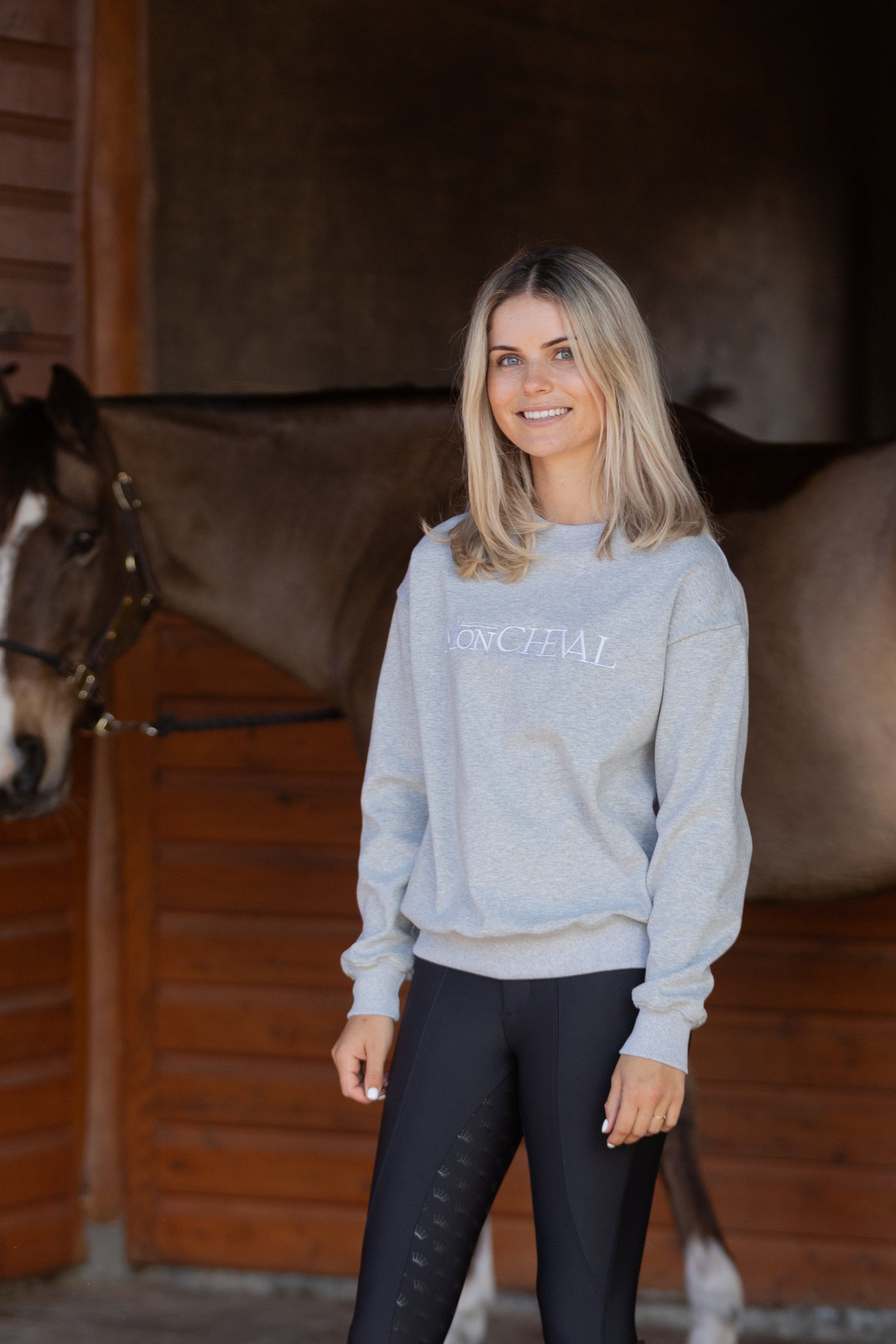Women's Equestrian jumper in classic grey featuring classy embroidered logo and luxe velvet lining