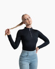 Women's Equestrian long sleeve baselayer in black with classic logo details, flattering fit and silver metal zipper for versatility