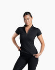 Women's Equestrian short sleeve baselayer with silver metal zipper, classy logo details and flattering fit for summer