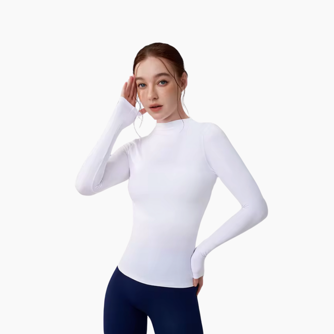 Women&#39;s Equestrian long sleeve and mock neck training top in crisp white